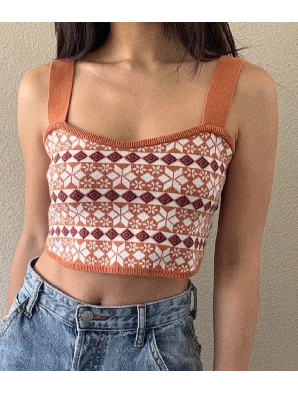 Intimately Free People Away With Me Orange Brown White Patterned Knit Crop Top